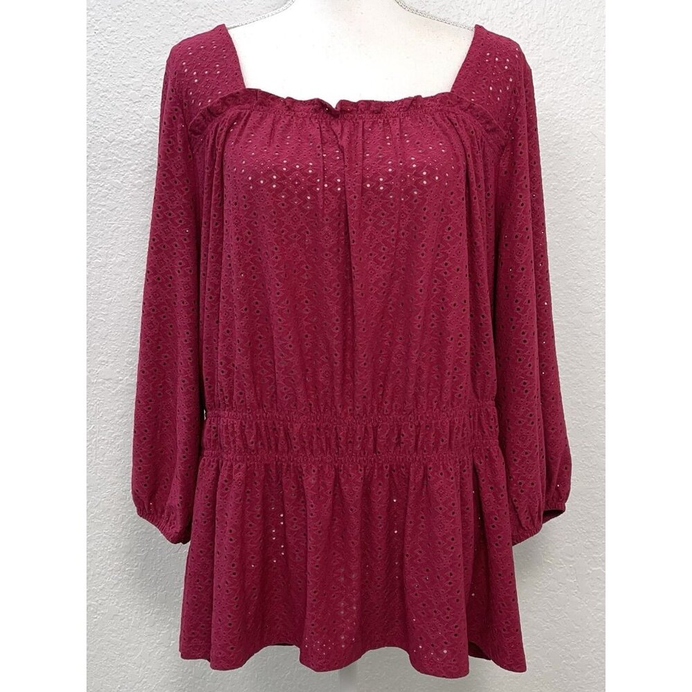LANE BRYANT Womens Plus 18/20 Wine Knit Eyelet Lace Boho Peasant TUNIC Top NWT